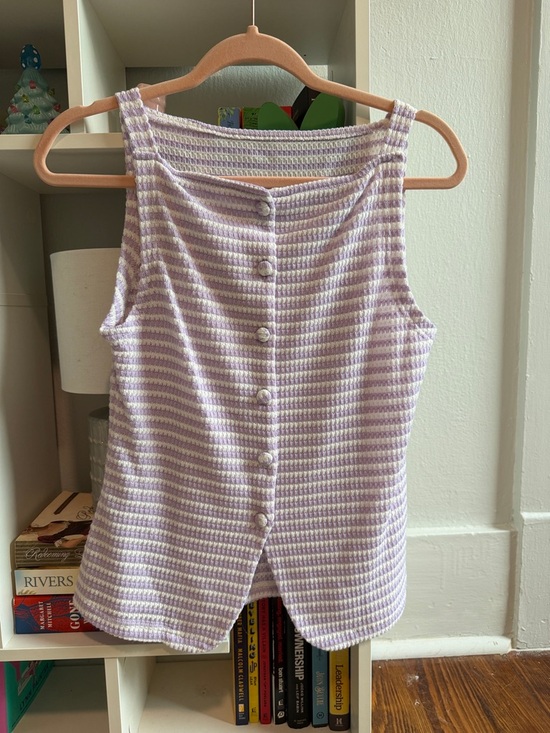 SHEIN Tops - Striped Button-Front Knit Tank Top - Lavender/White